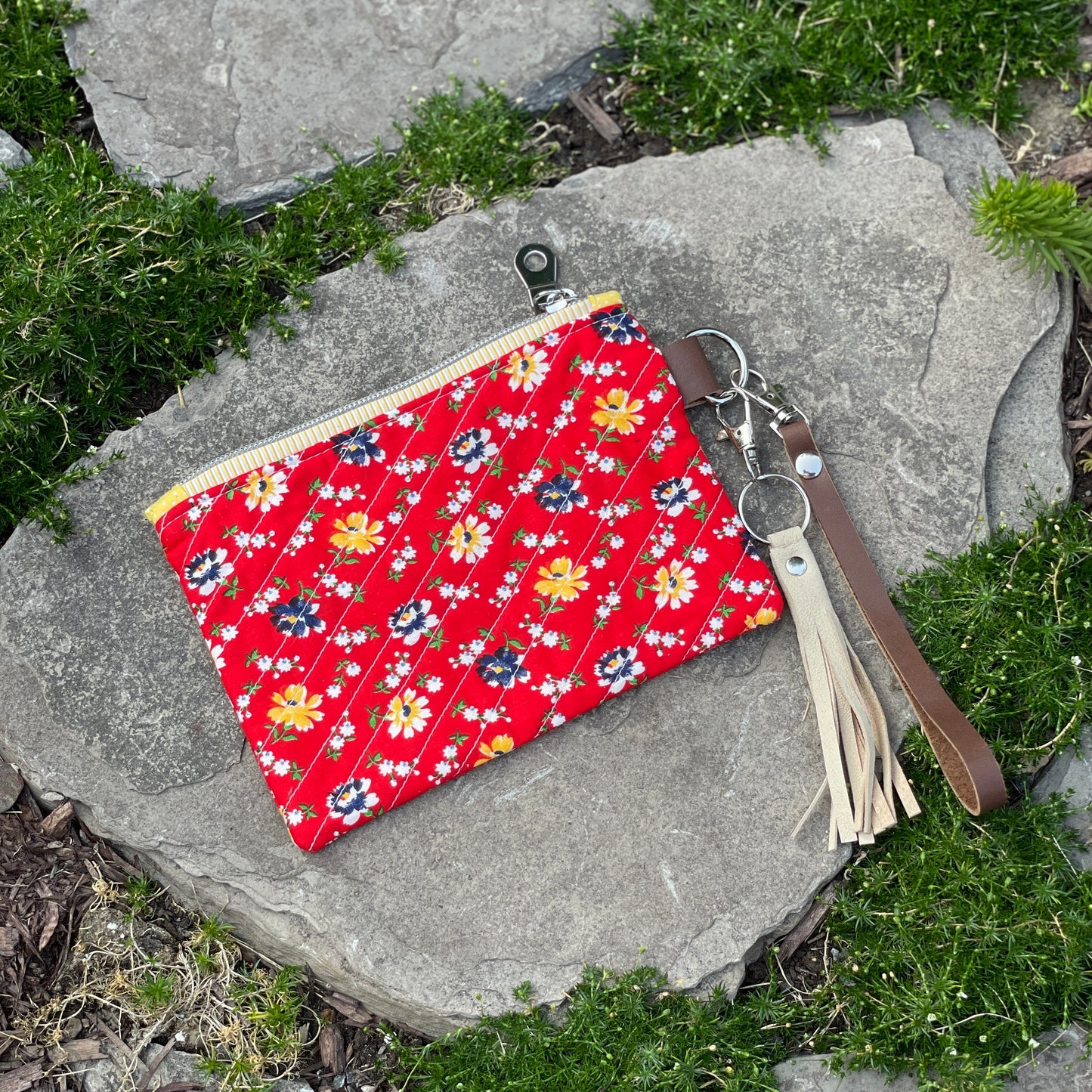 Red Vintage Floral Zippered Pouch