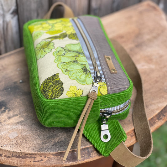 Green Corduroy and Vintage Floral Fanny Pack