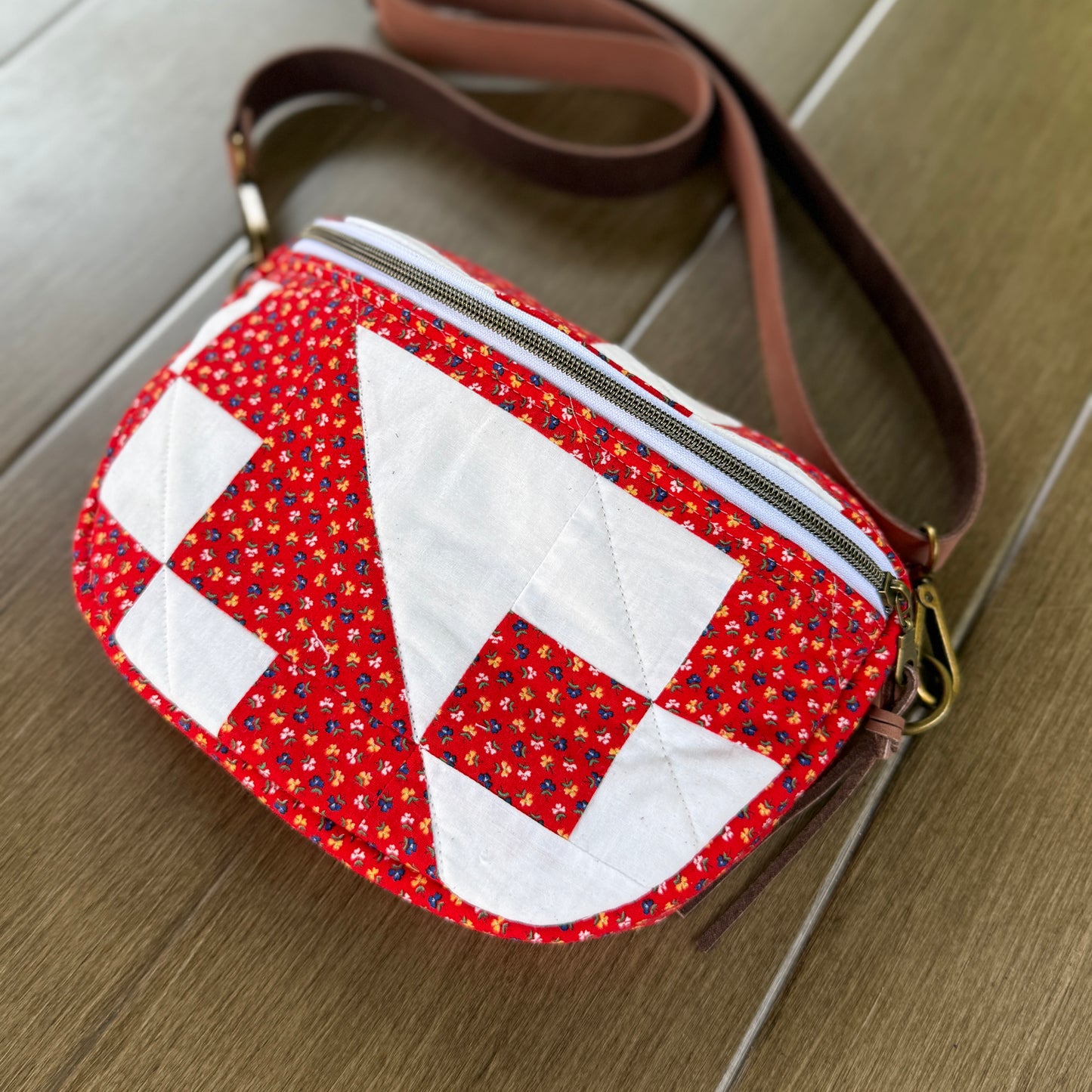 Upcycled Quilt Bag - Red & White Patch #1
