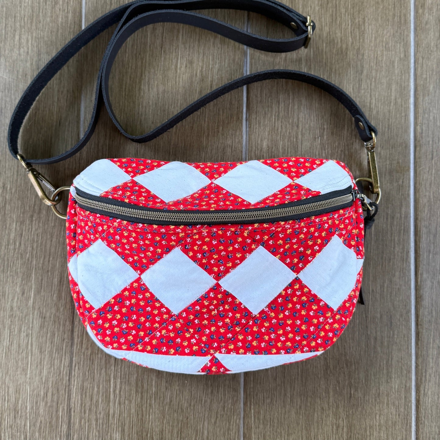 Upcycled Quilt Bag - Red & White Patch #2