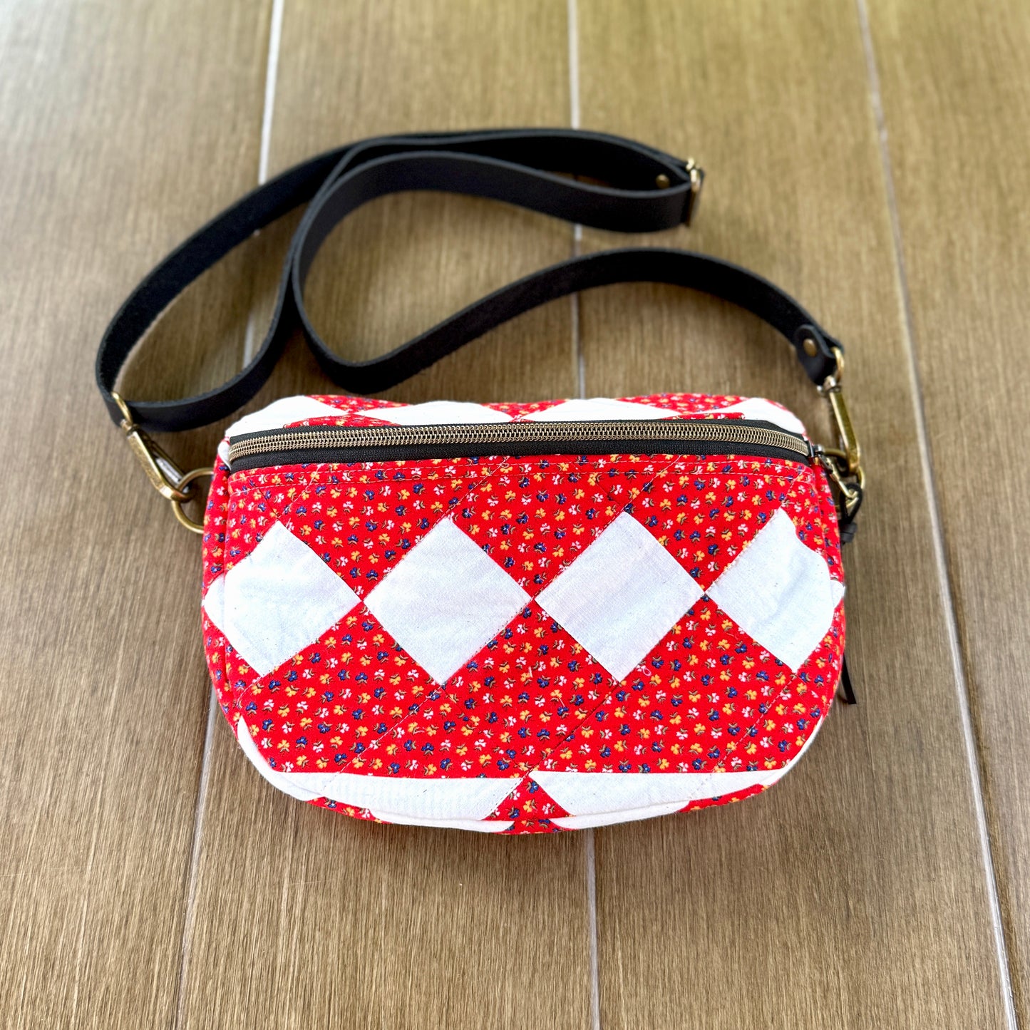 Upcycled Quilt Bag - Red & White Patch #2