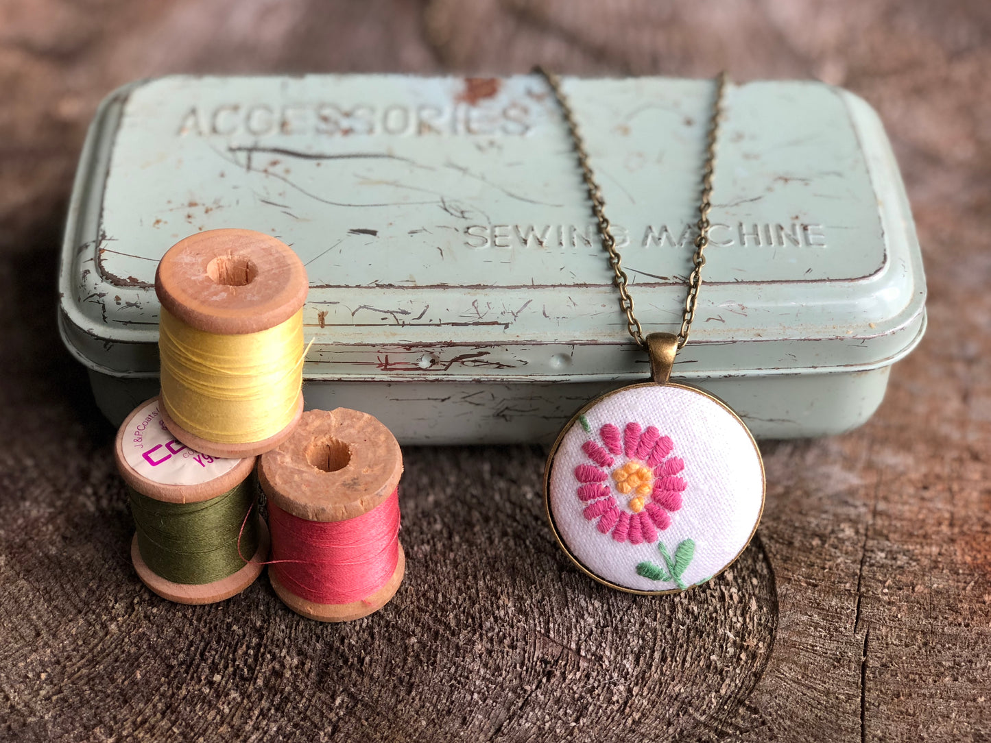 Pink flower embroidered pendant necklace