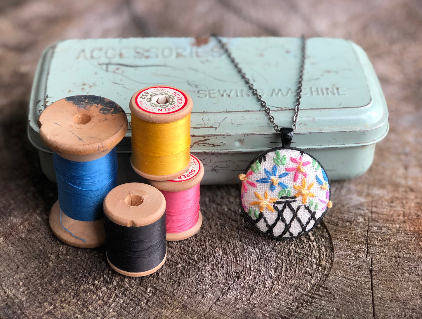 Basket of flowers embroidered pendant necklace