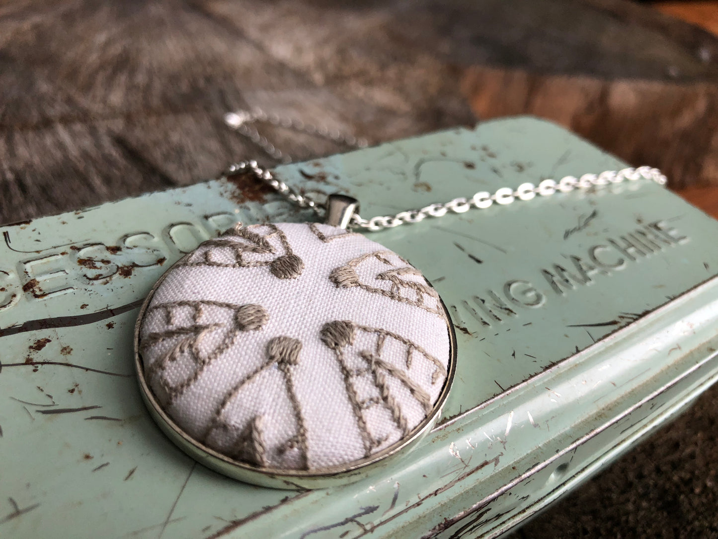 Embroidered pendant textile necklace