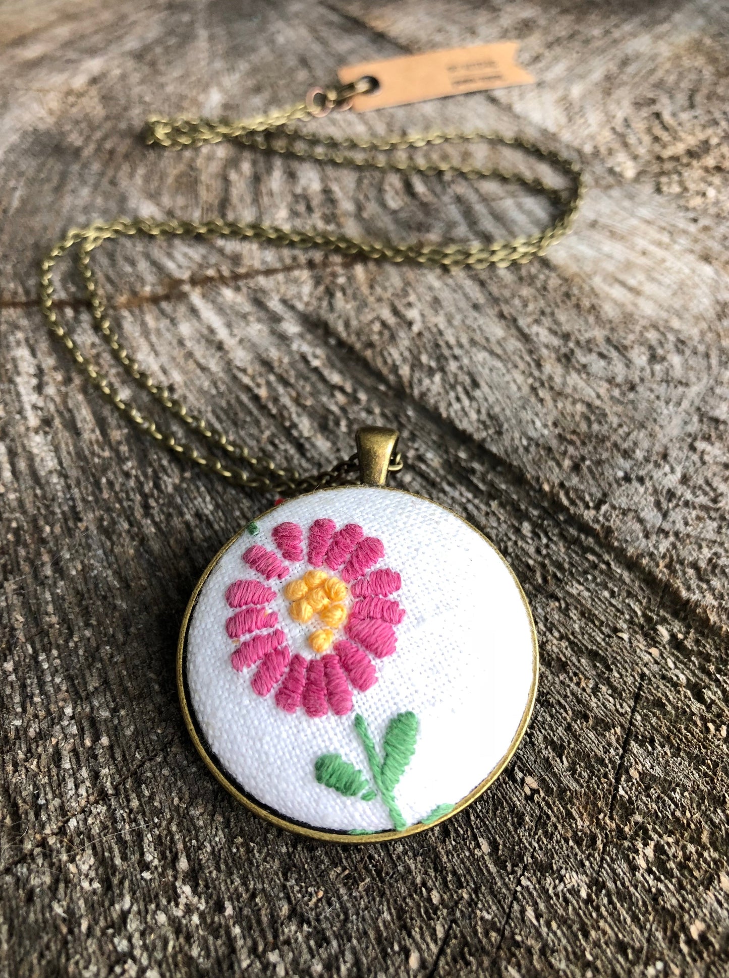 Pink flower embroidered pendant necklace
