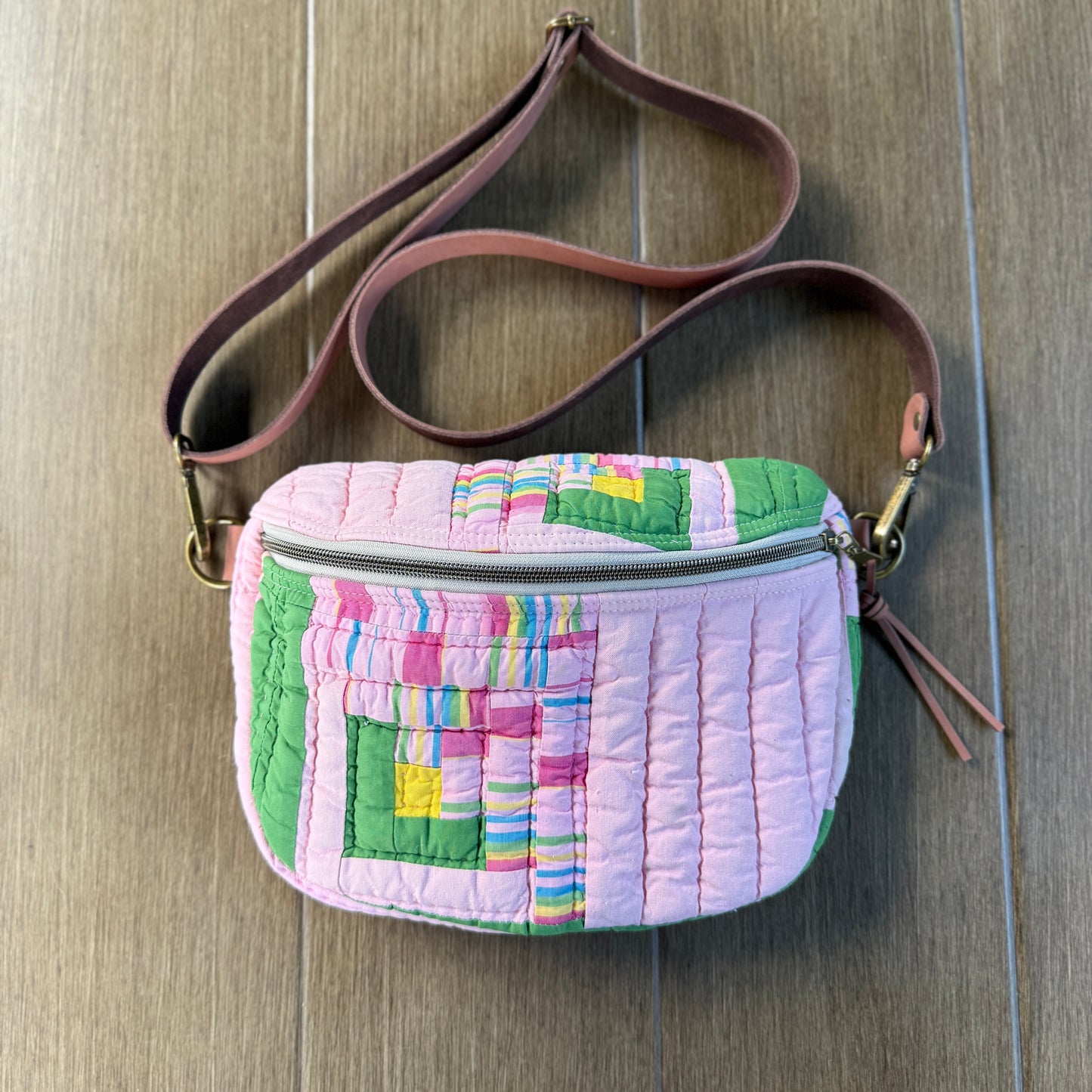Upcycled Quilt Bag - Pink & Green Squares