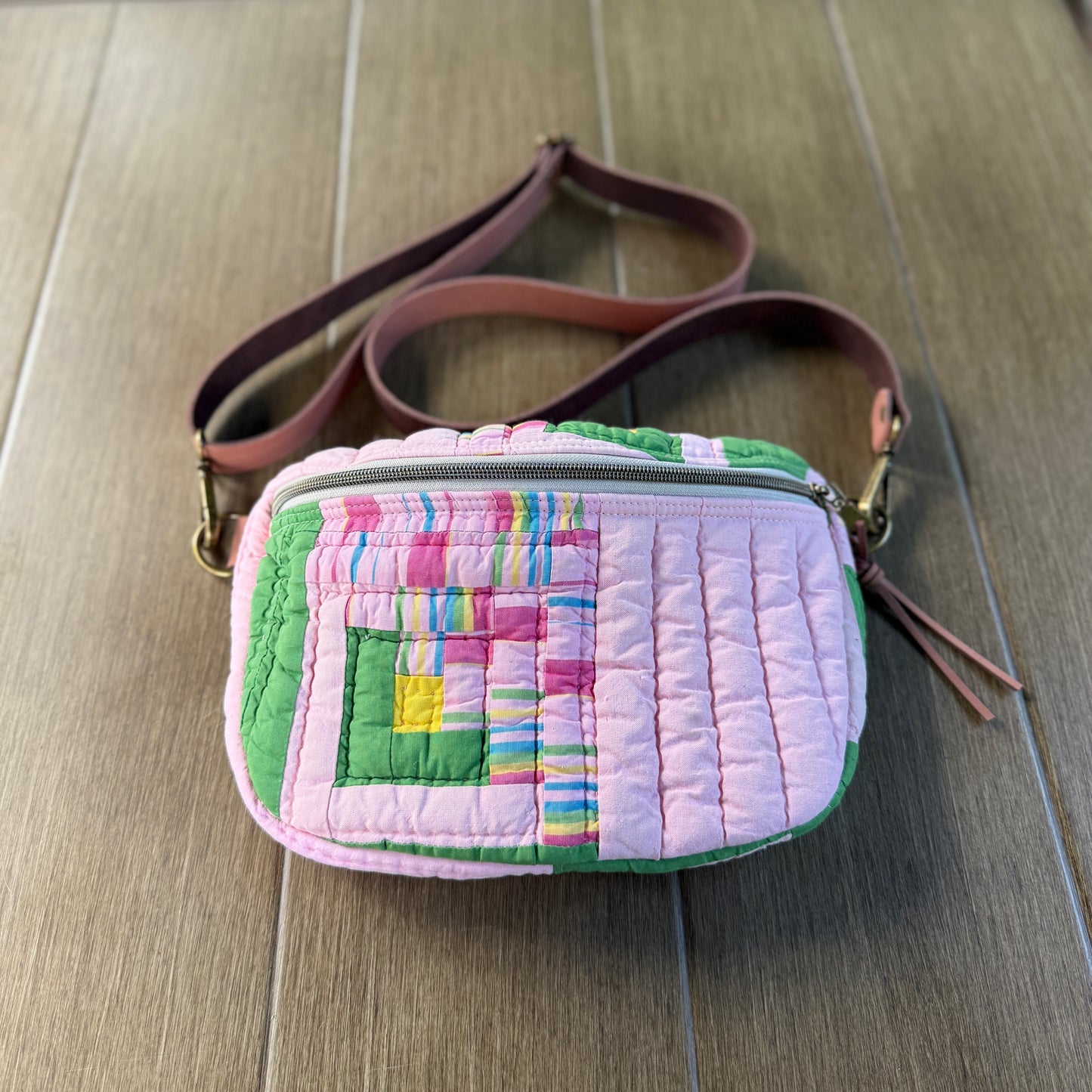 Upcycled Quilt Bag - Pink & Green Squares