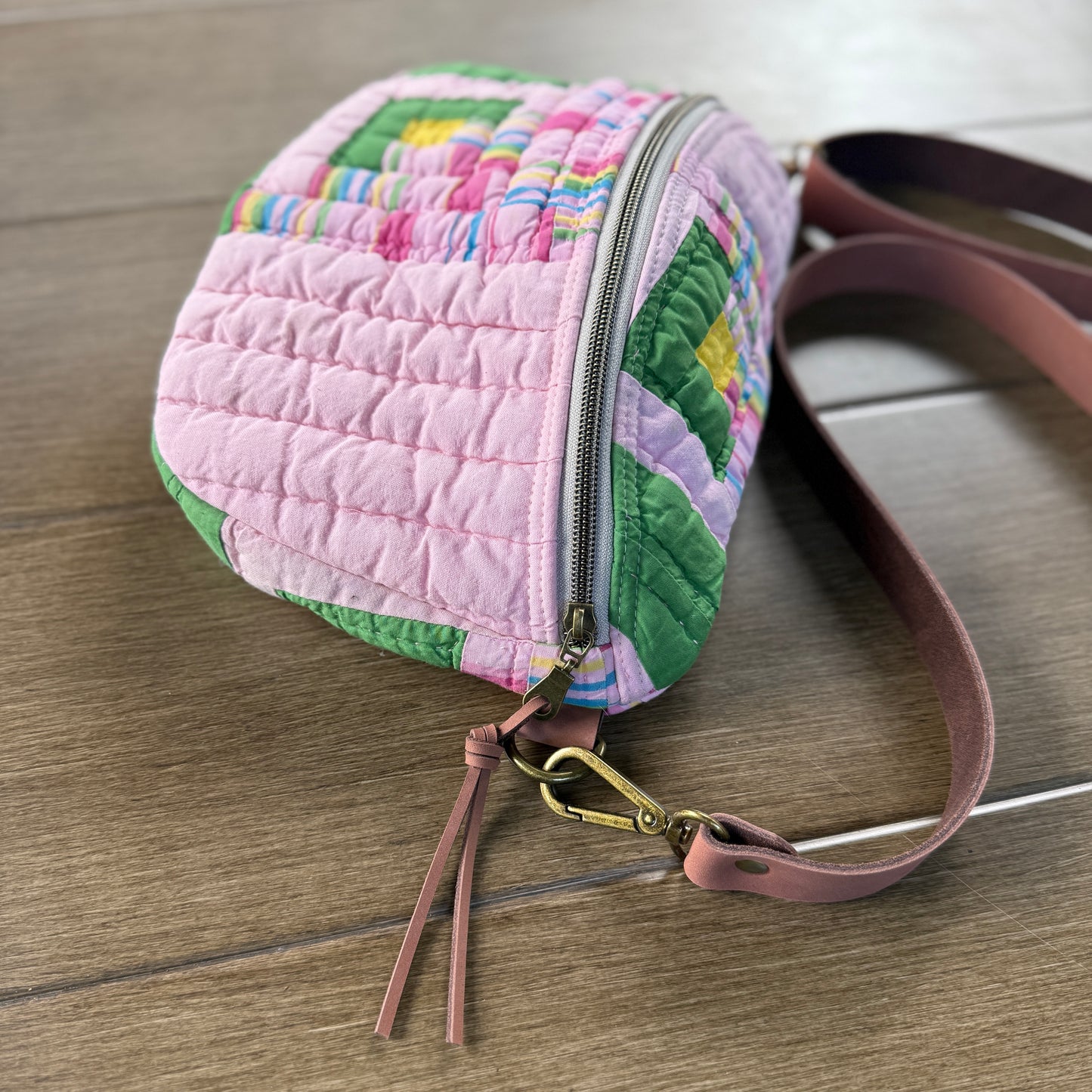 Upcycled Quilt Bag - Pink & Green Squares