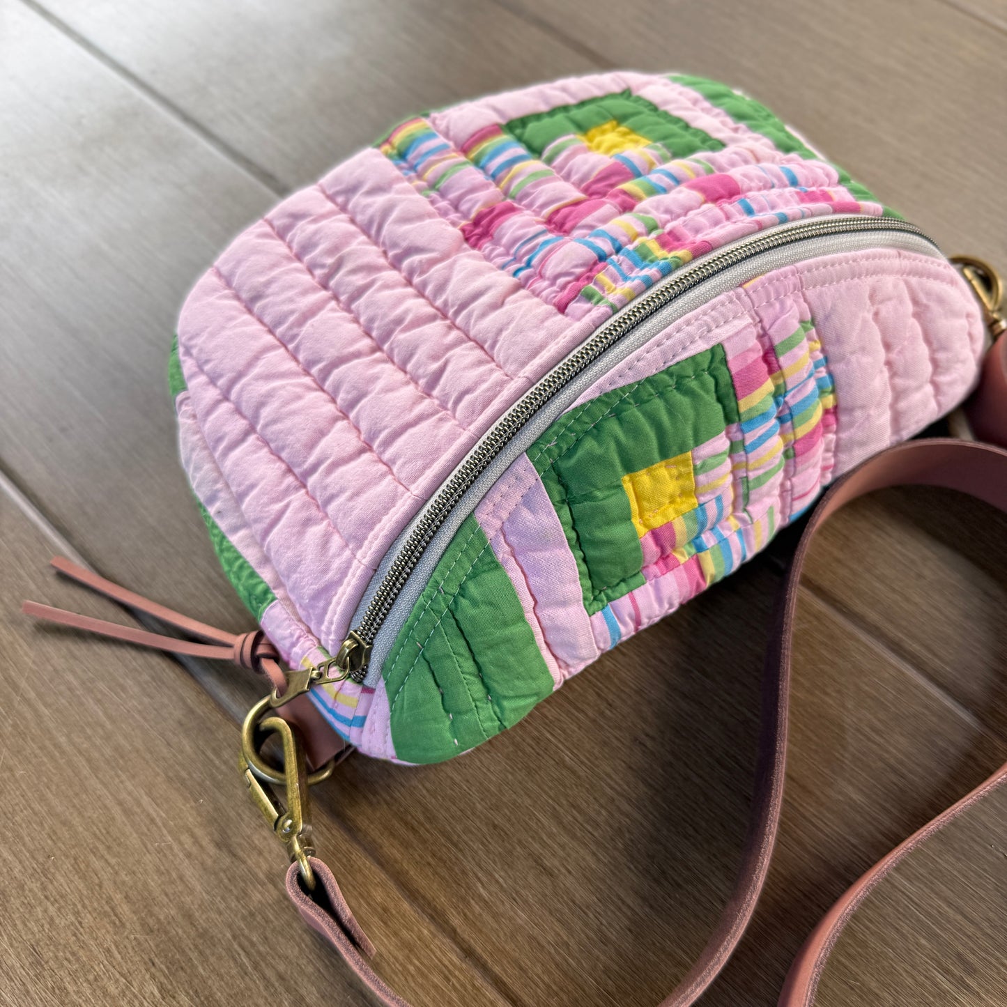 Upcycled Quilt Bag - Pink & Green Squares