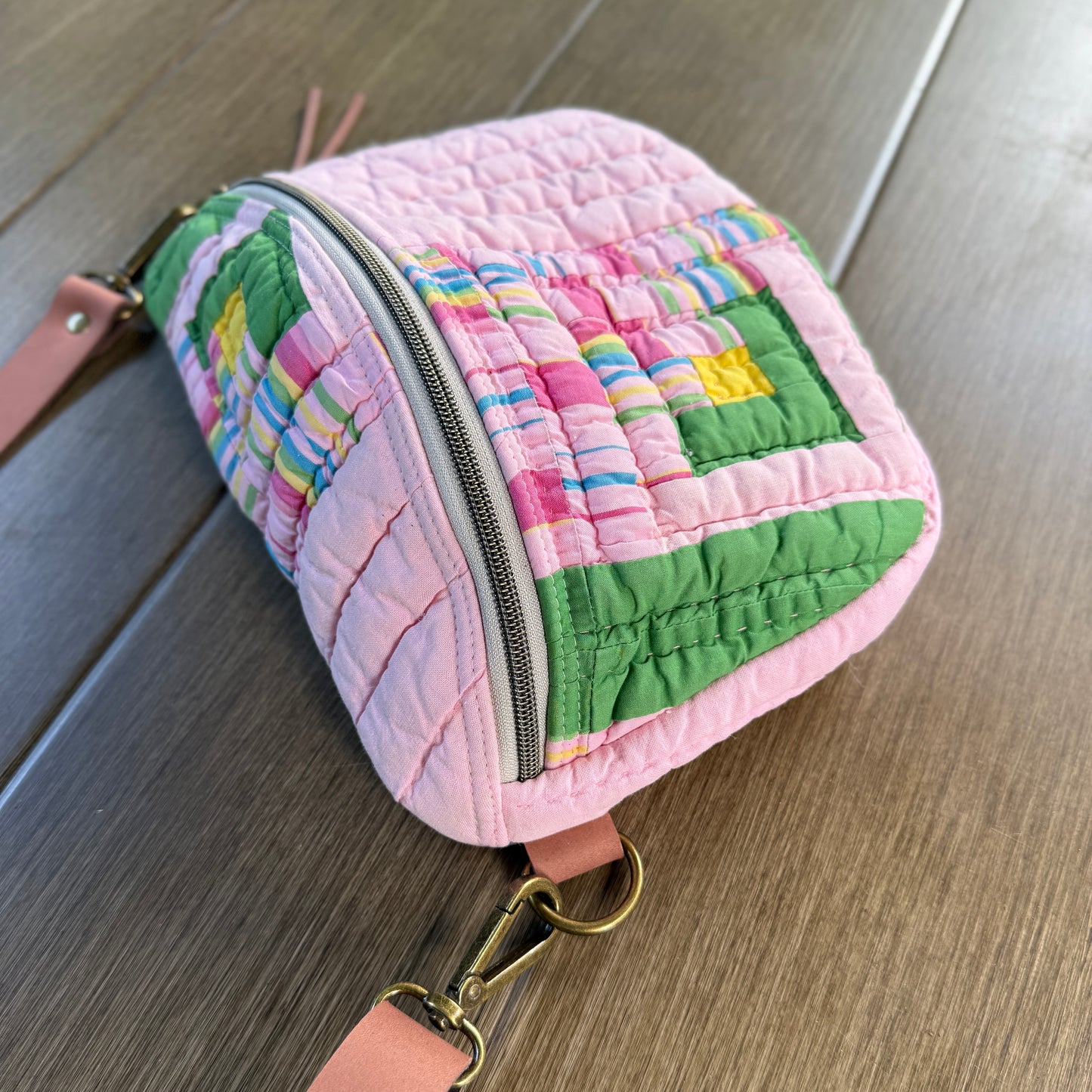 Upcycled Quilt Bag - Pink & Green Squares