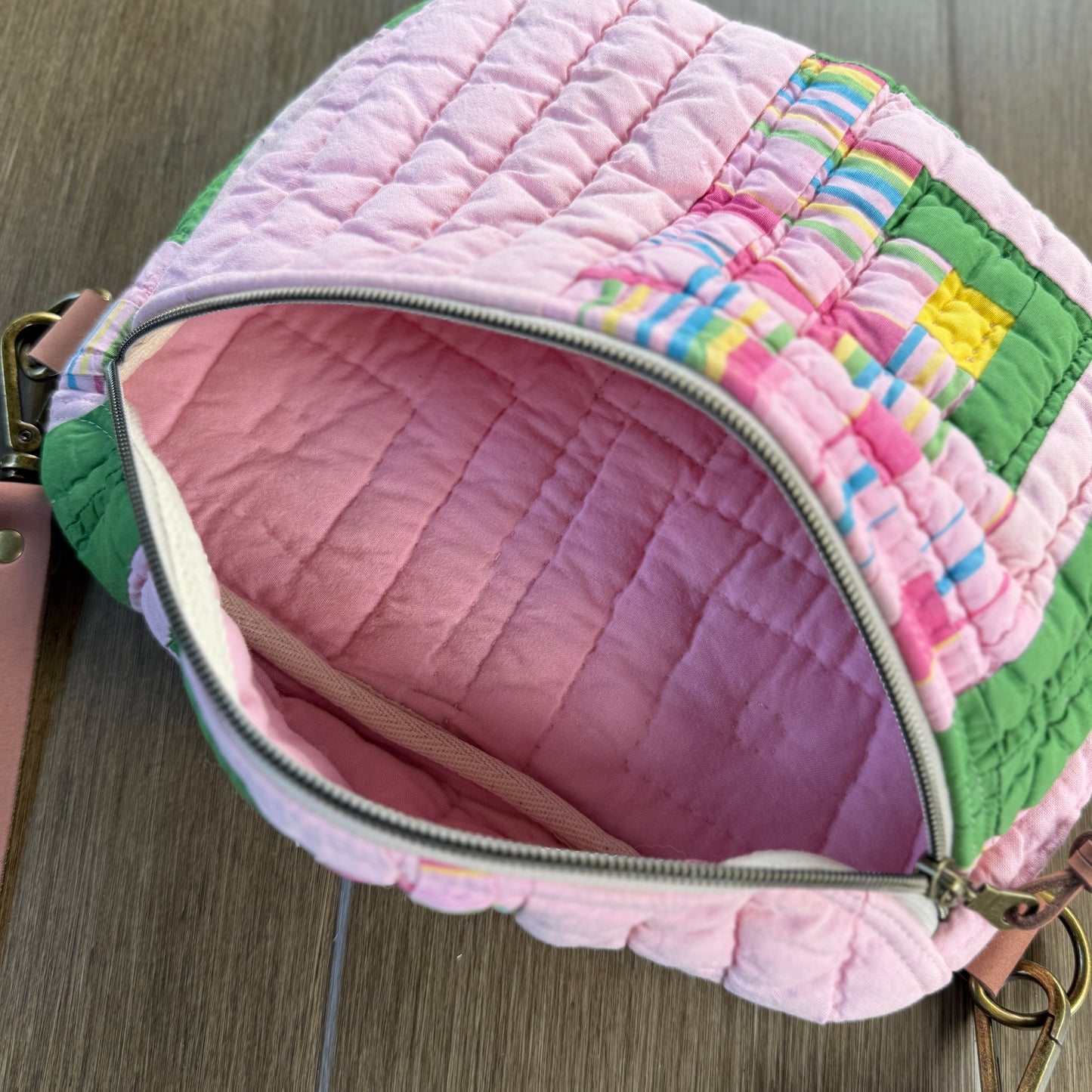 Upcycled Quilt Bag - Pink & Green Squares