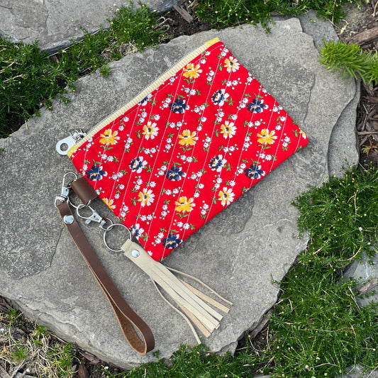 Red Vintage Floral Zippered Pouch