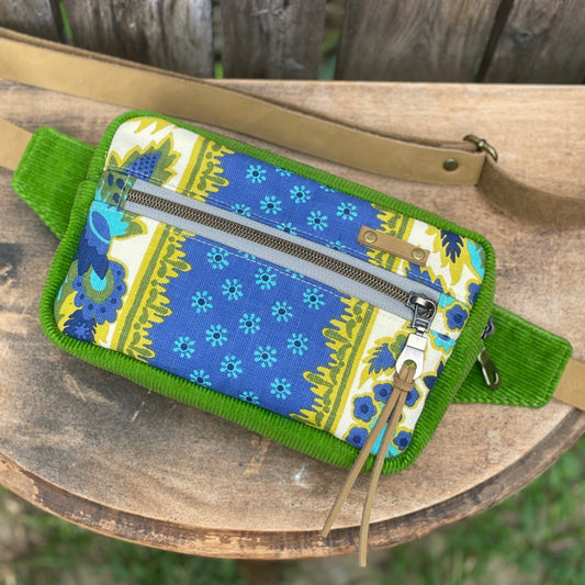 Green Corduroy and Vintage Fabric Sample -Fanny Pack