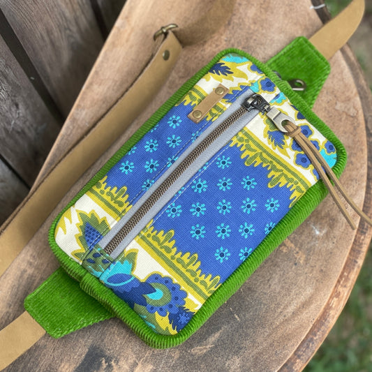 Green Corduroy and Vintage Fabric Sample -Fanny Pack