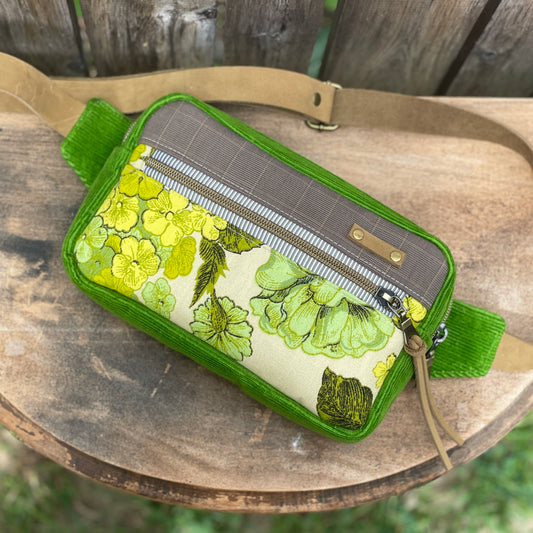 Green Corduroy and Vintage Floral Fanny Pack