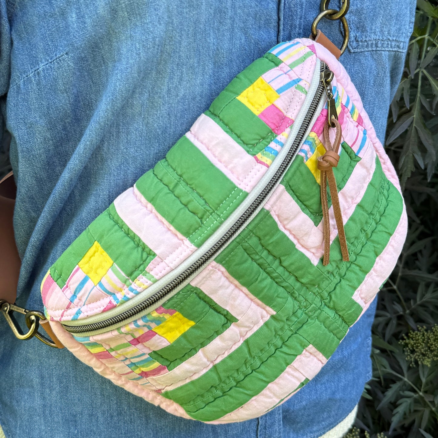 Upcycled Quilt Bag - Pink & Green Squares