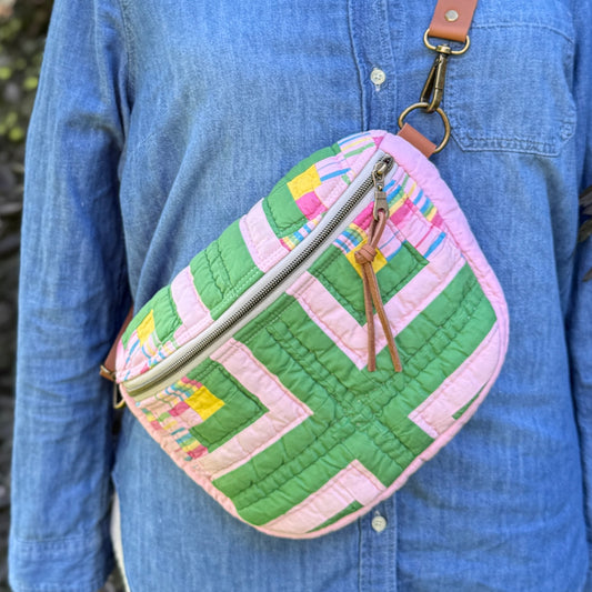 Upcycled Quilt Bag - Pink & Green Squares
