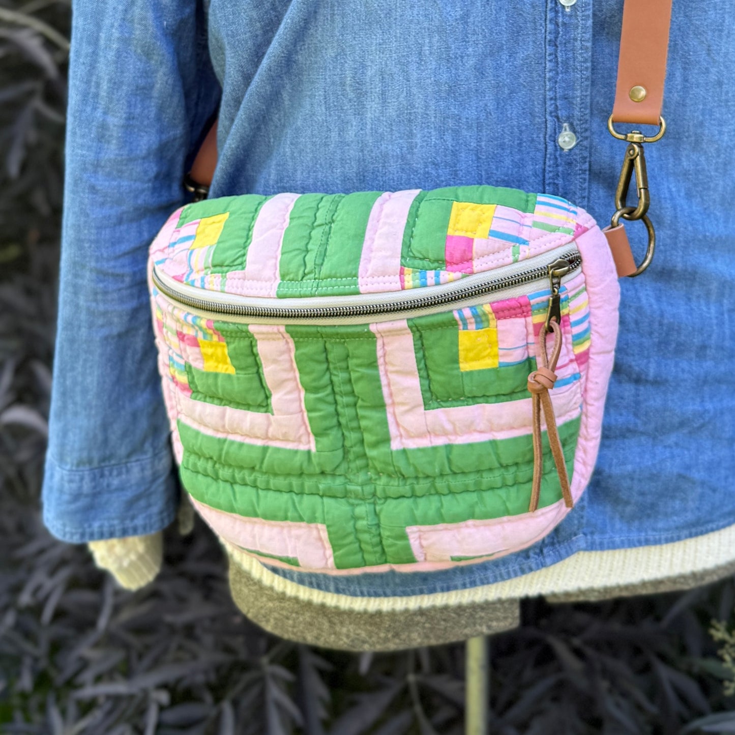 Upcycled Quilt Bag - Pink & Green Squares