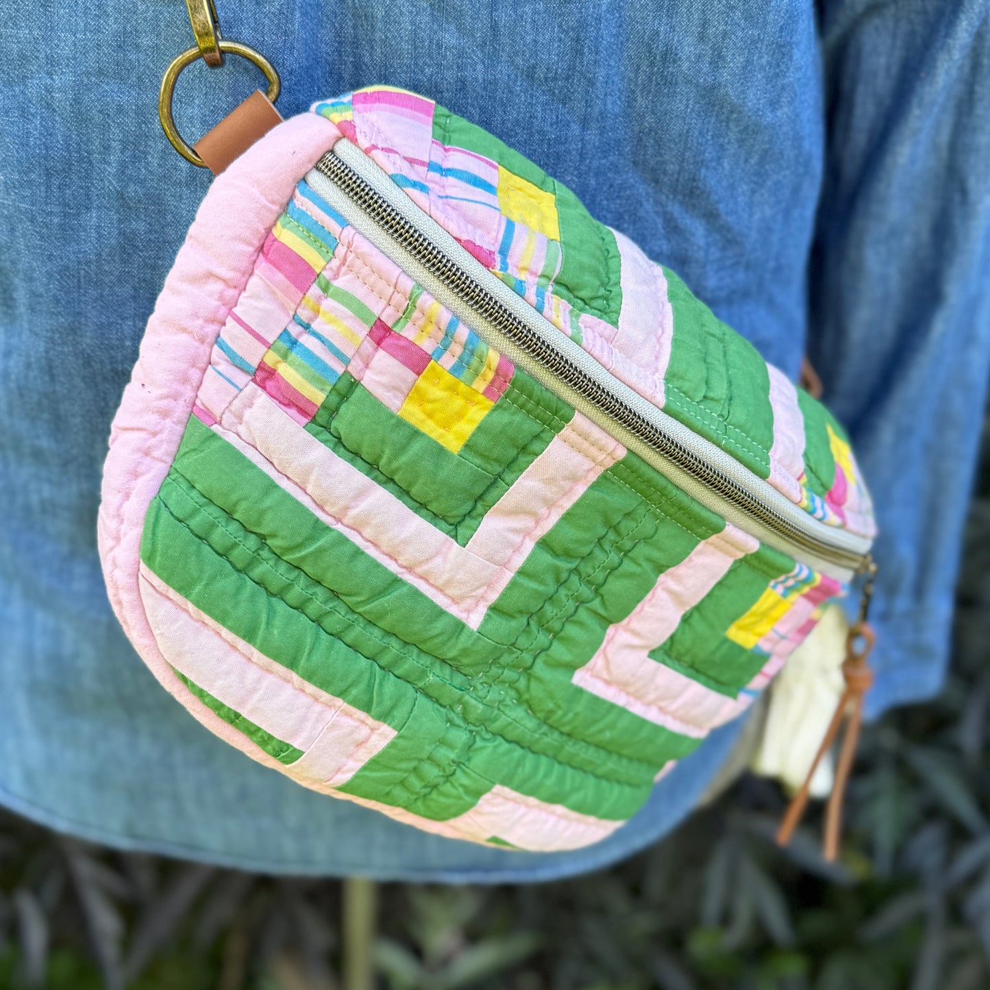 Upcycled Quilt Bag - Pink & Green Squares