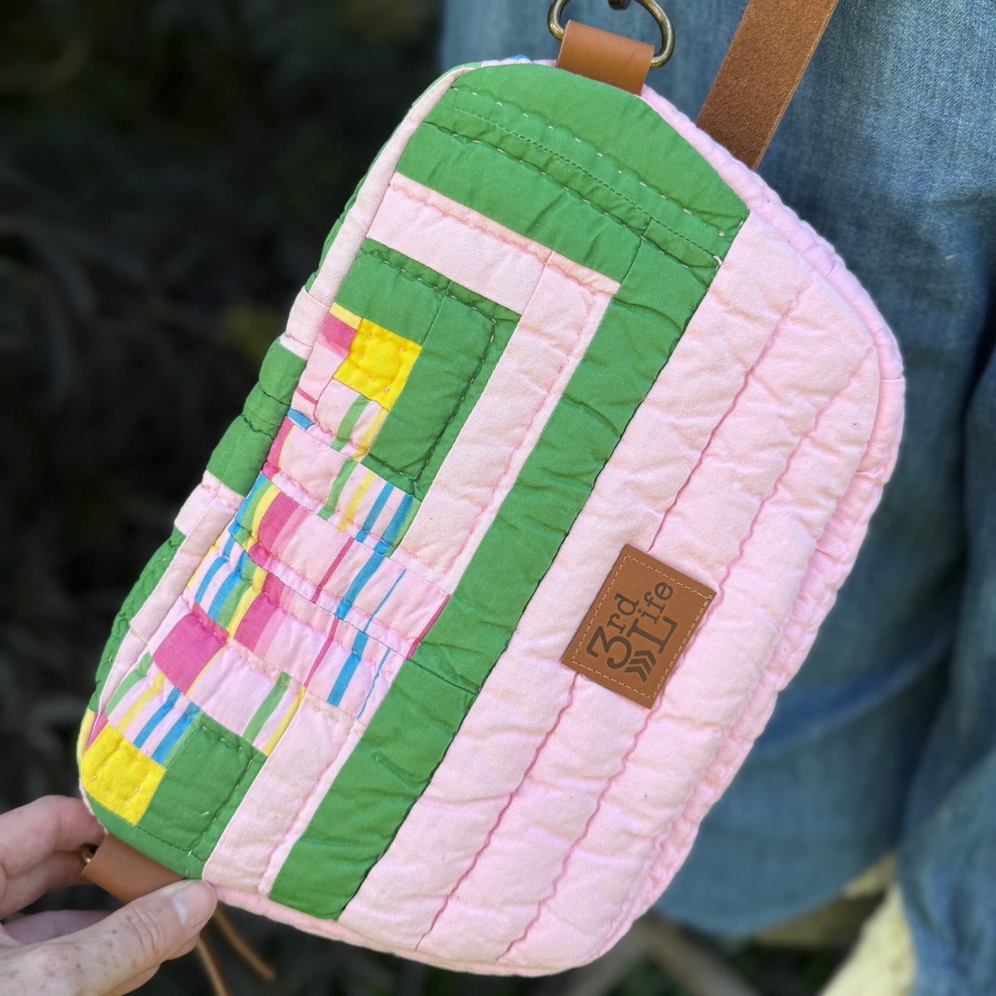 Upcycled Quilt Bag - Pink & Green Squares