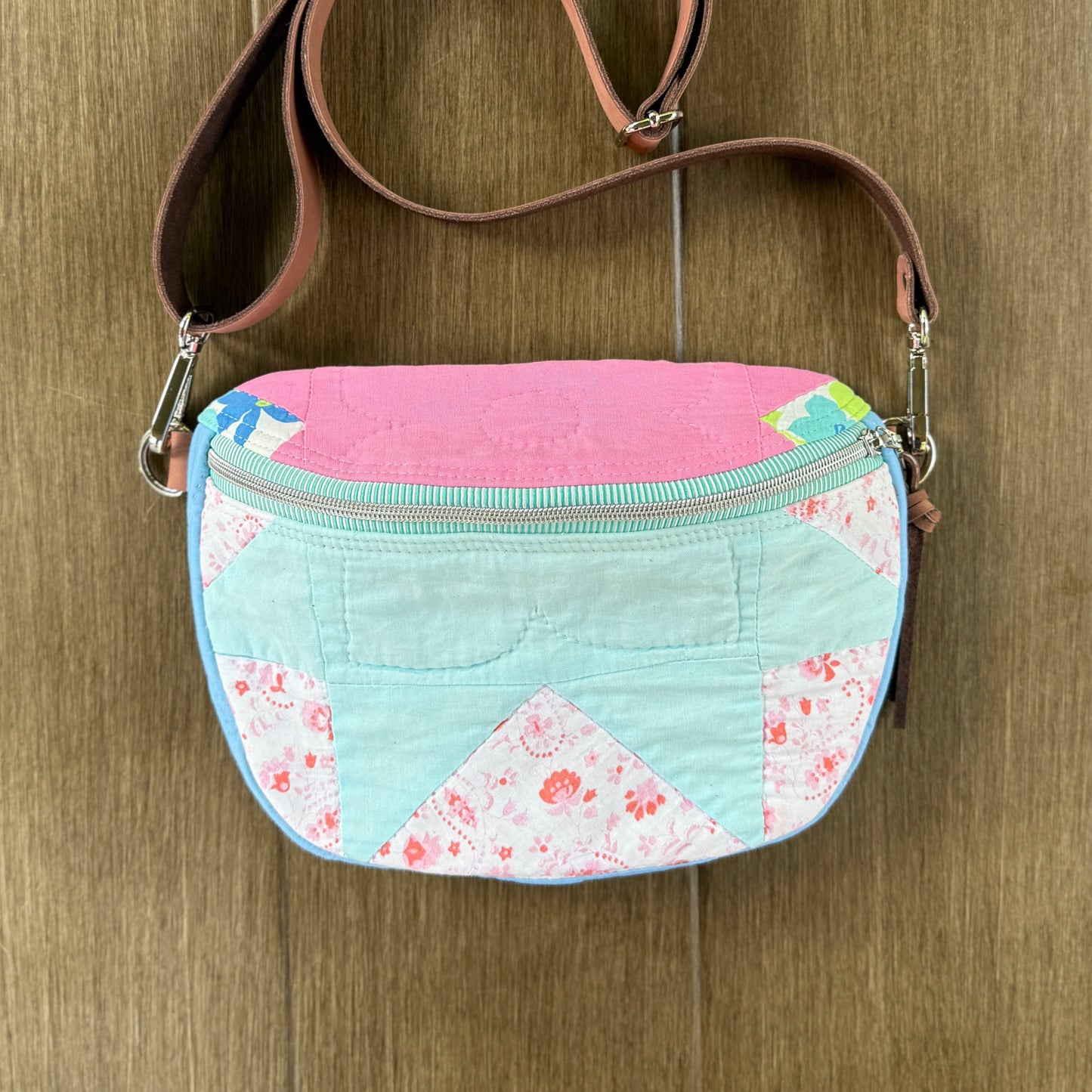 Upcycled Quilt Bag - Pink & Light Teal Star with Bunny & Chick Interior