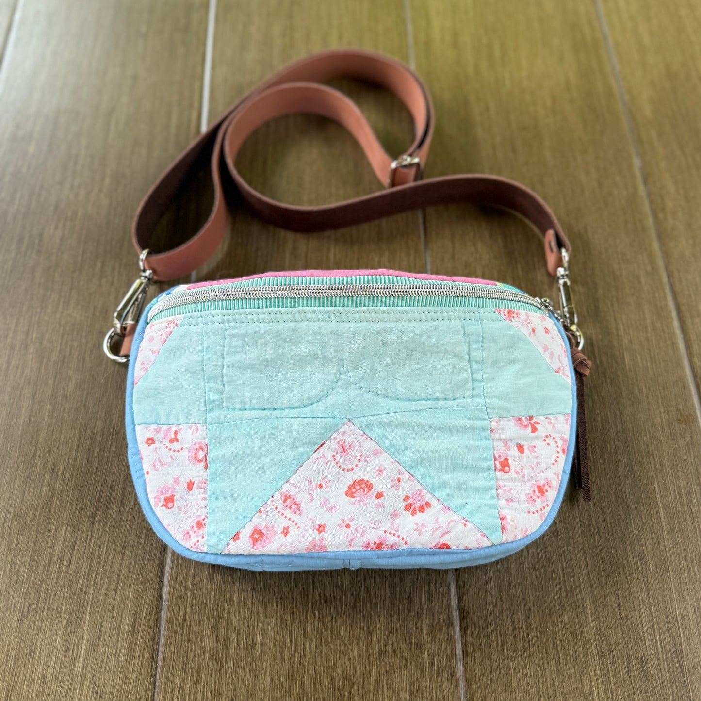 Upcycled Quilt Bag - Pink & Light Teal Star with Bunny & Chick Interior