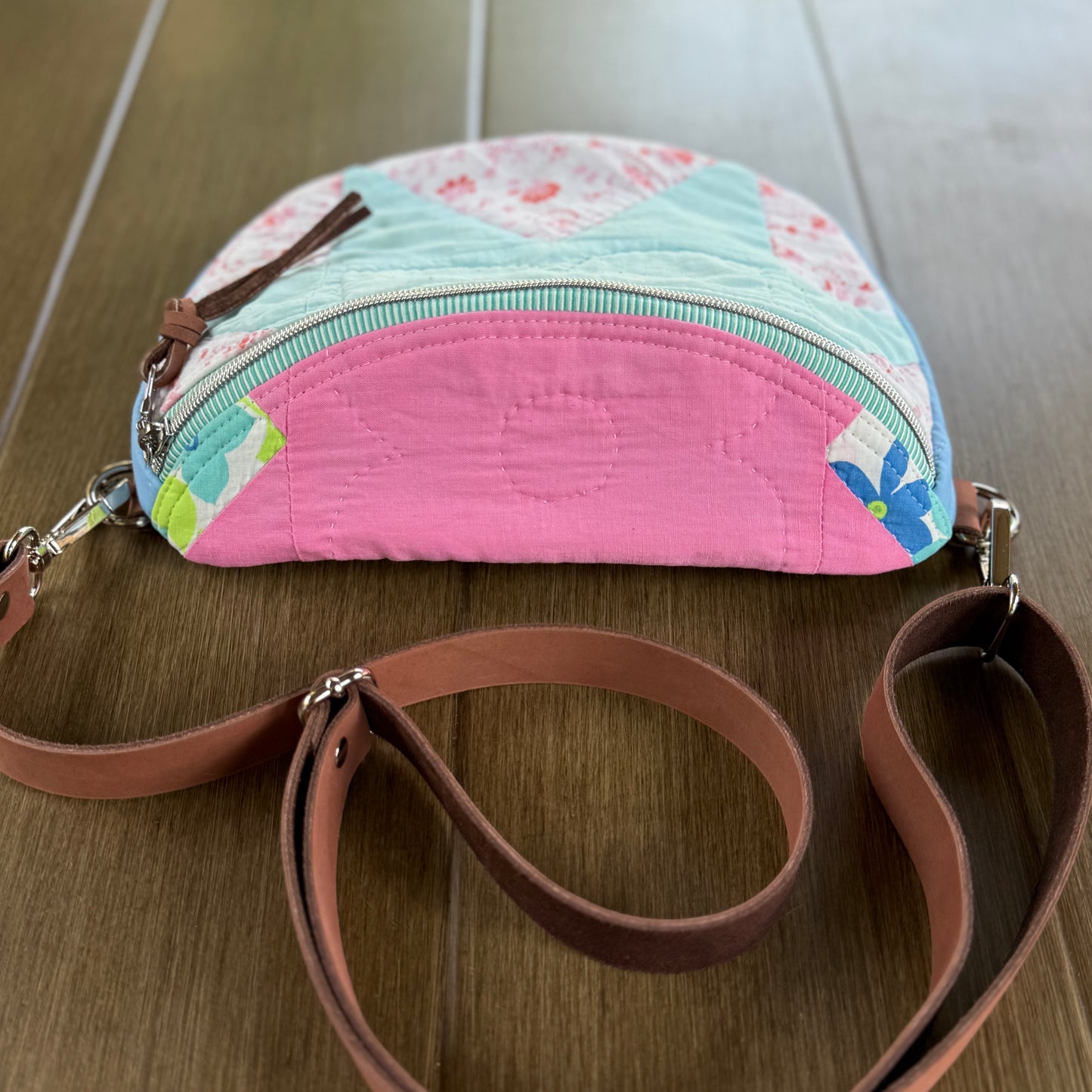Upcycled Quilt Bag - Pink & Light Teal Star with Bunny & Chick Interior