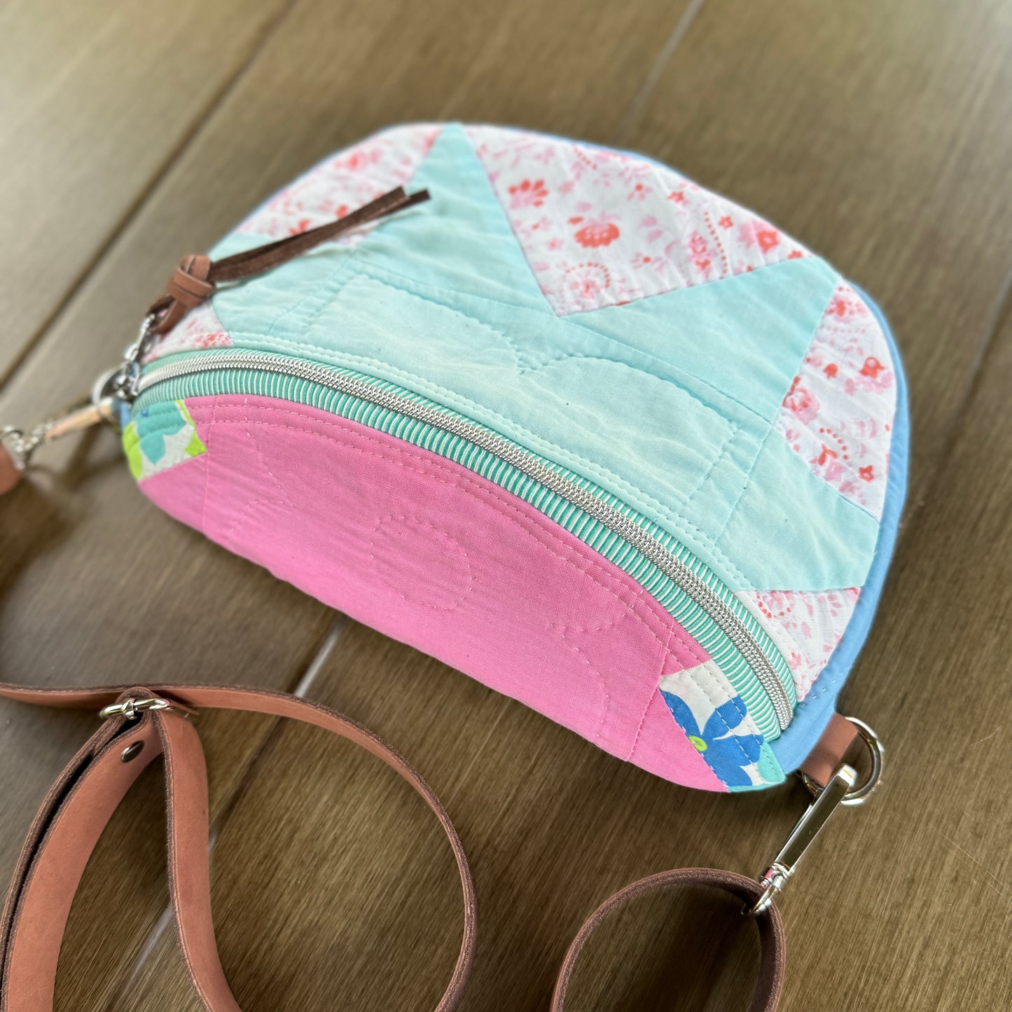Upcycled Quilt Bag - Pink & Light Teal Star with Bunny & Chick Interior