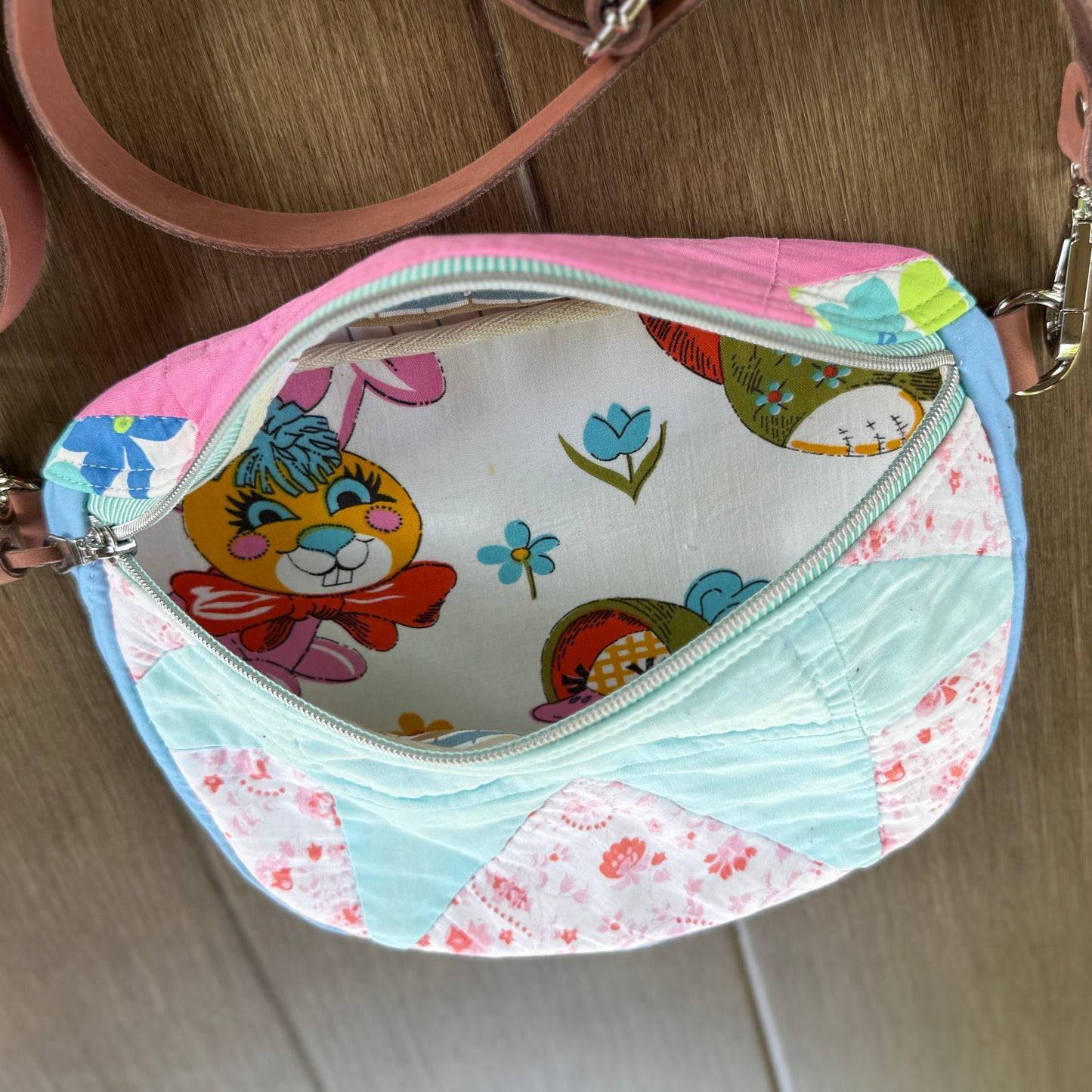 Upcycled Quilt Bag - Pink & Light Teal Star with Bunny & Chick Interior
