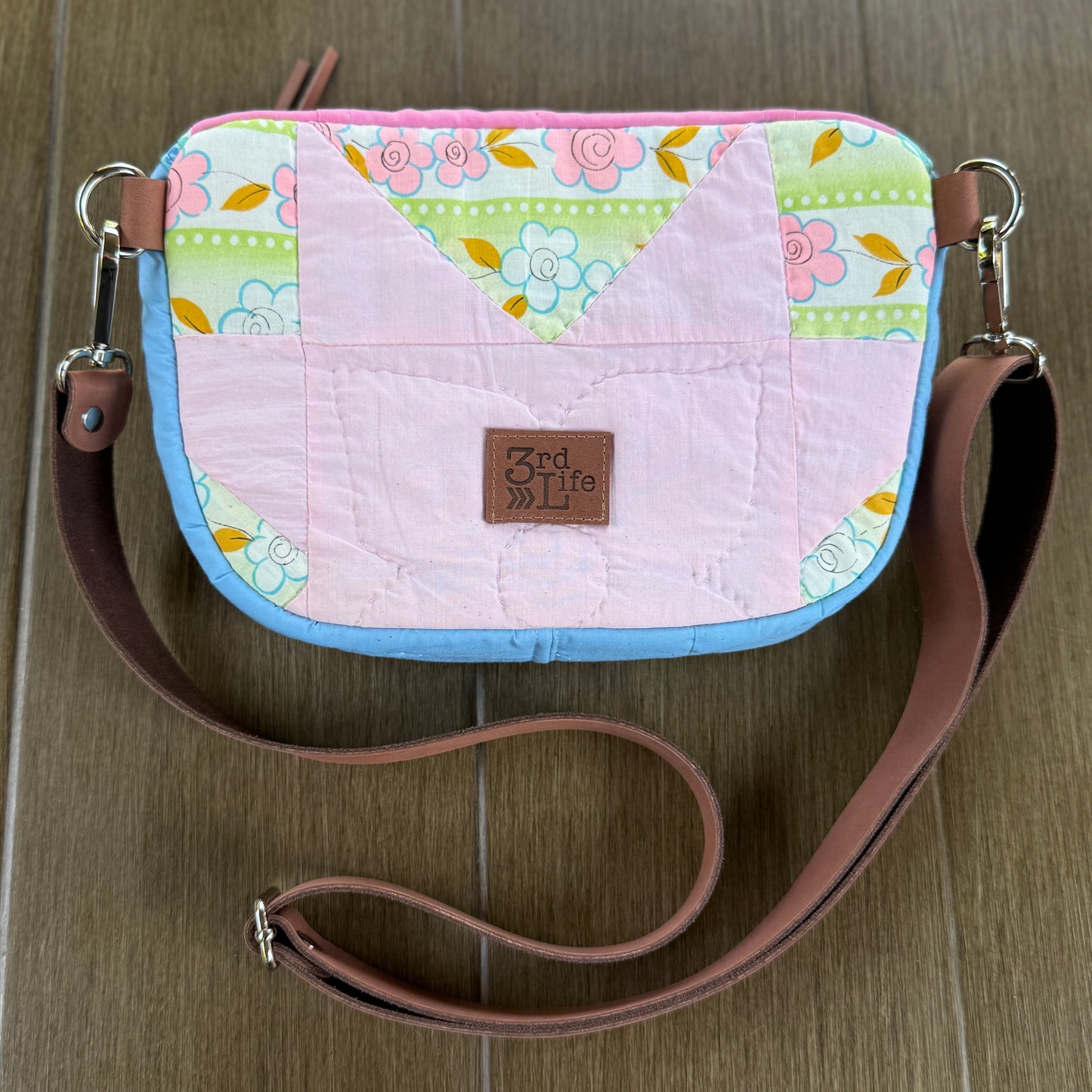 Upcycled Quilt Bag - Pink & Light Teal Star with Bunny & Chick Interior