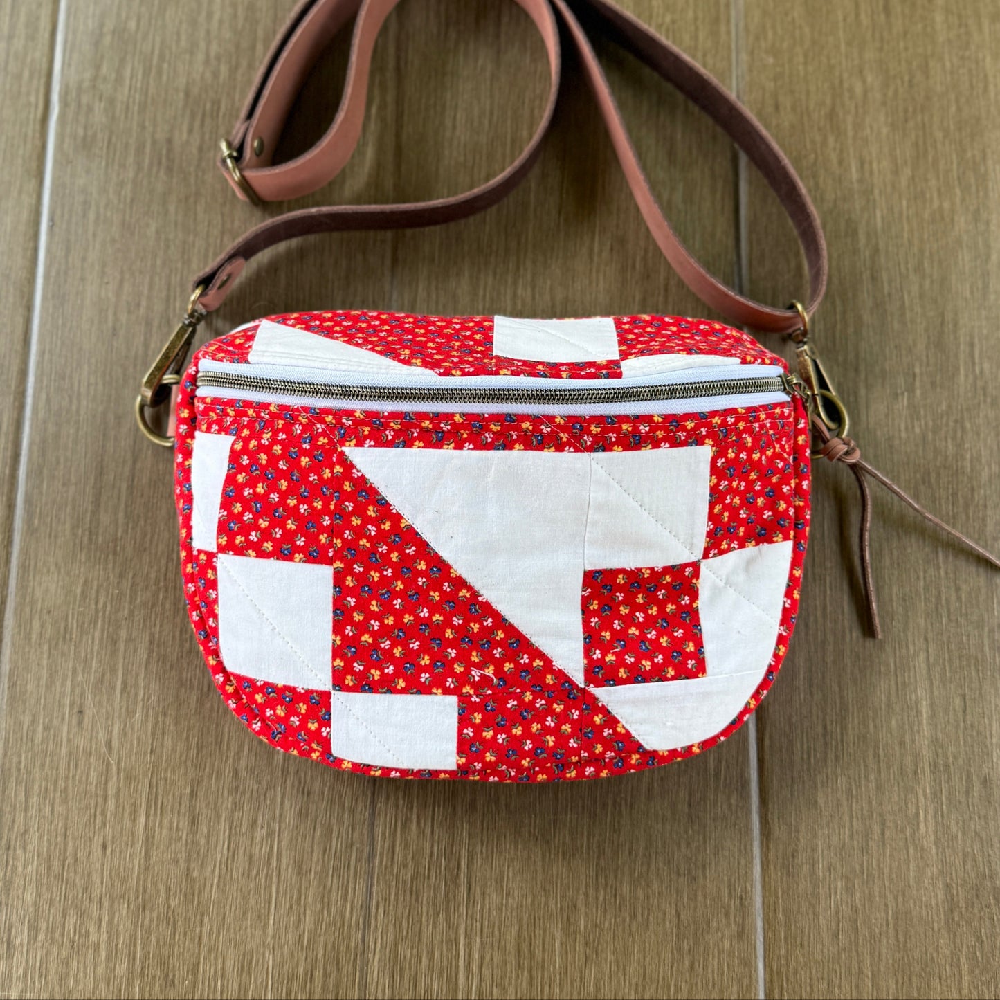 Upcycled Quilt Bag - Red & White Patch #1