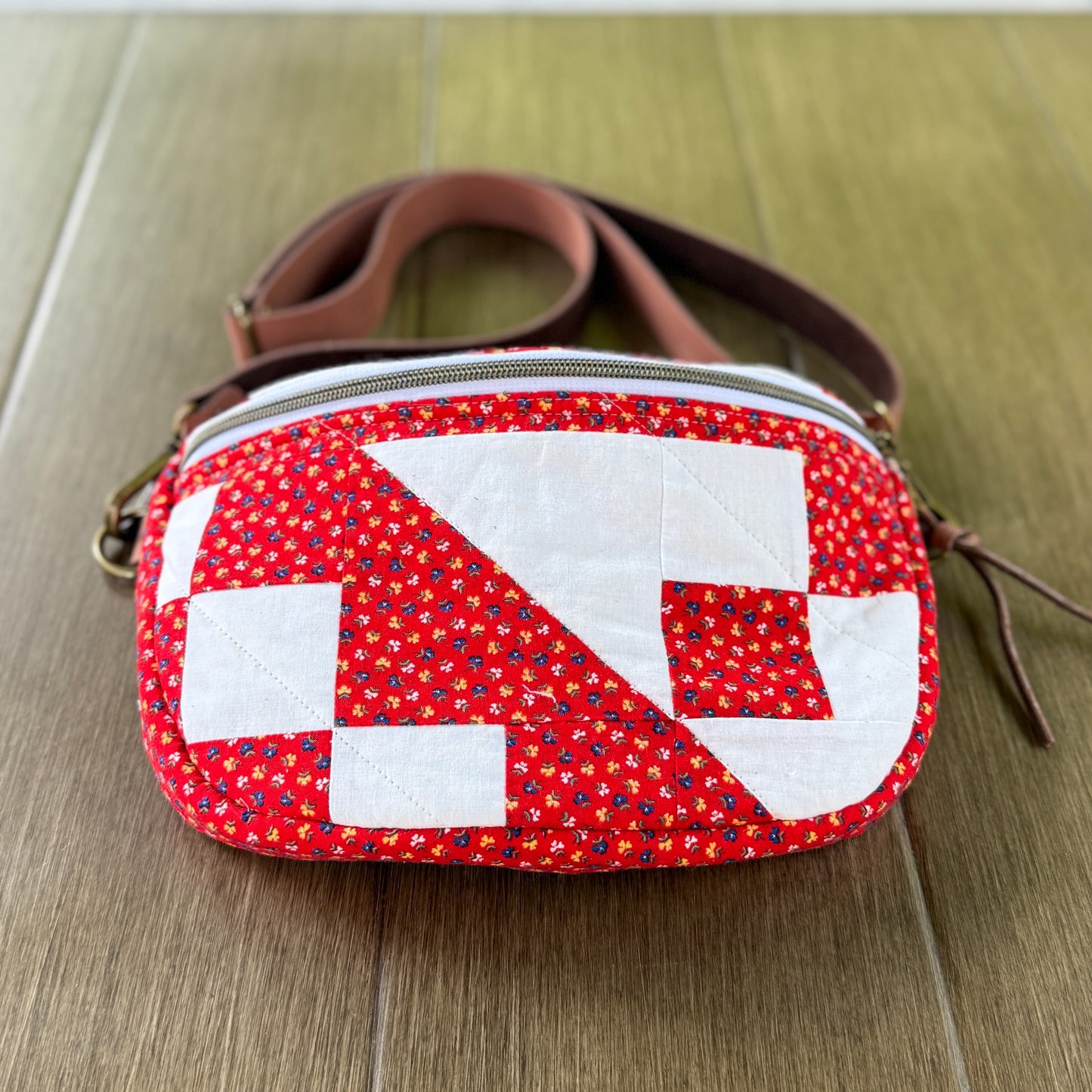 Upcycled Quilt Bag - Red & White Patch #1