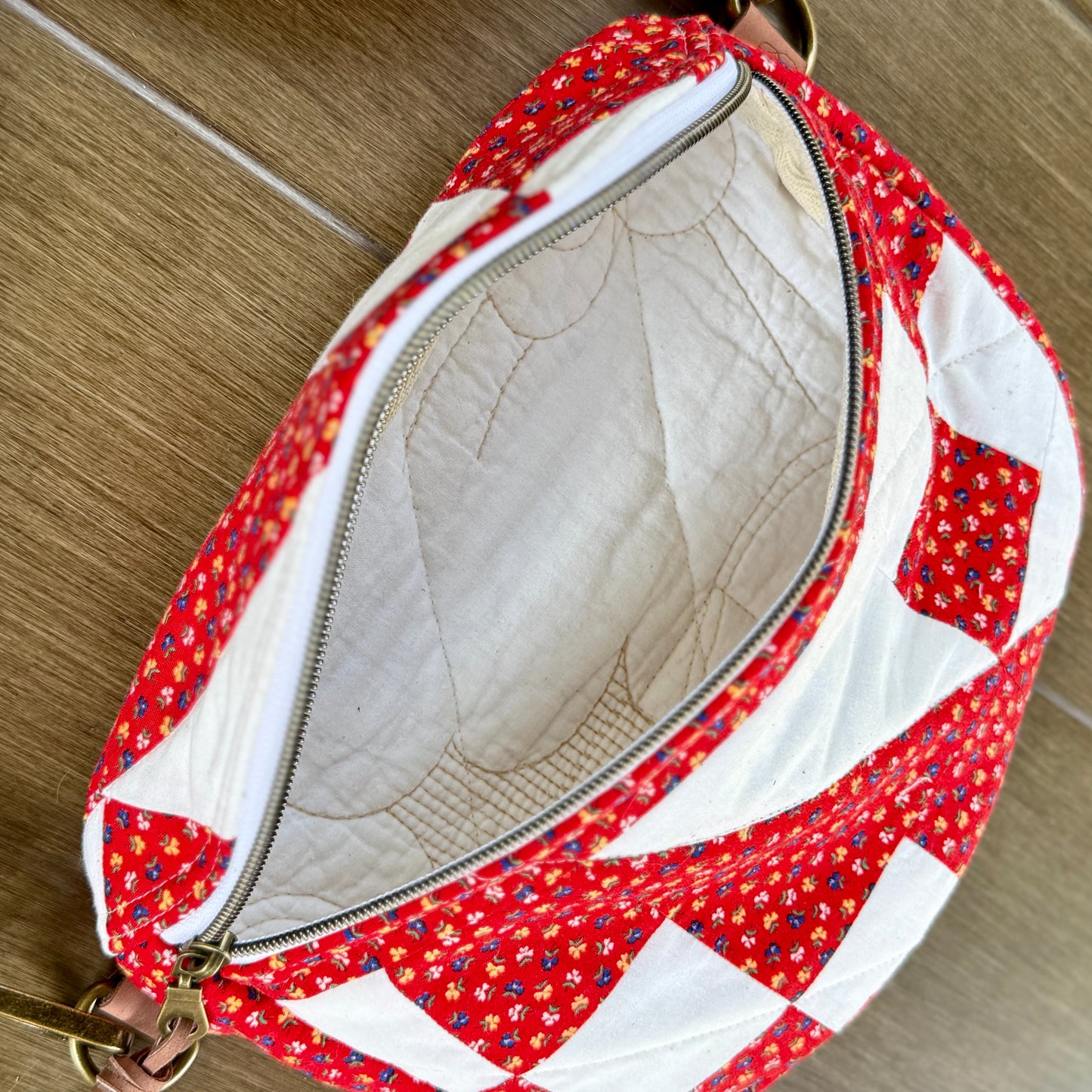 Upcycled Quilt Bag - Red & White Patch #1