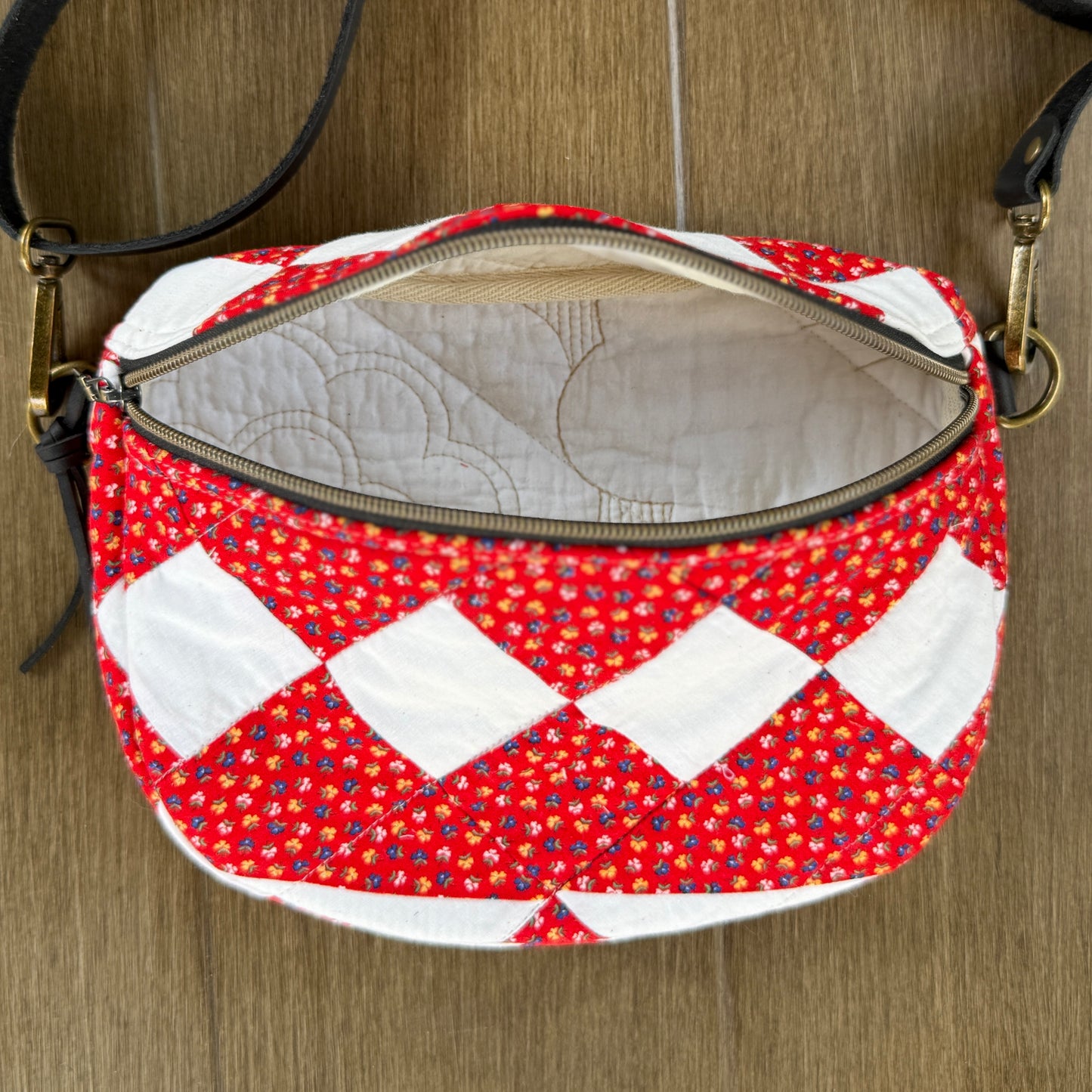 Upcycled Quilt Bag - Red & White Patch #2