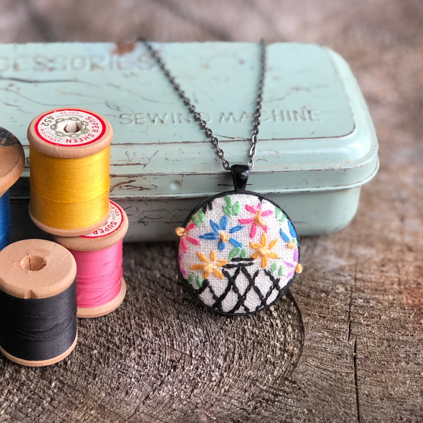 Basket of flowers embroidered pendant necklace