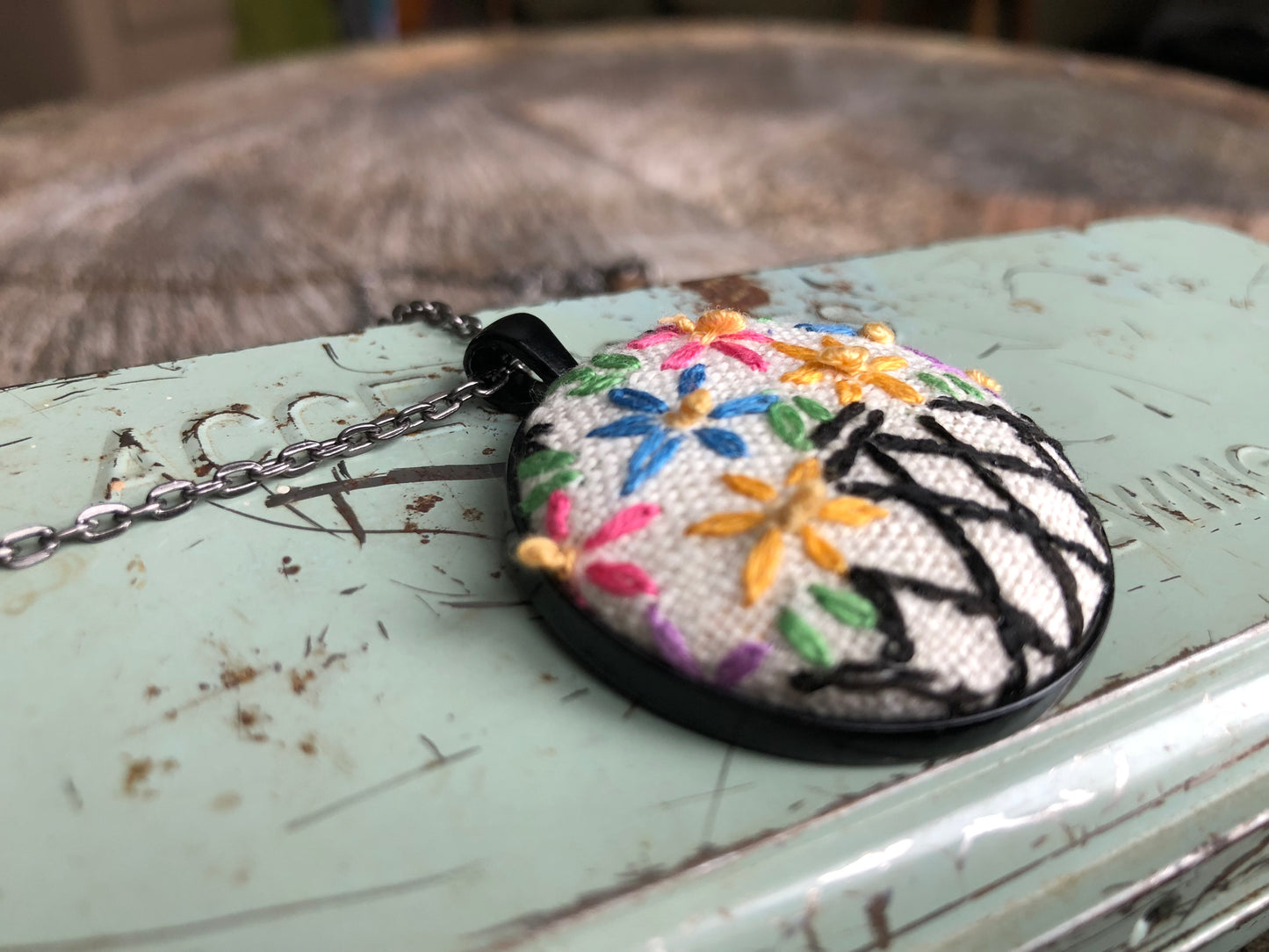 Basket of flowers embroidered pendant necklace