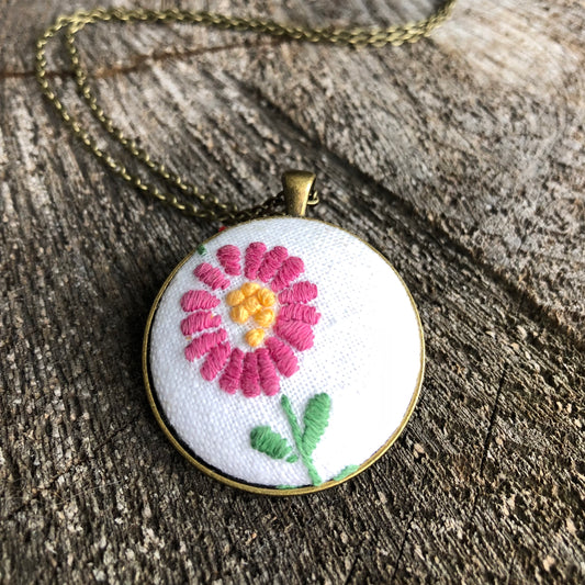 Pink flower embroidered pendant necklace